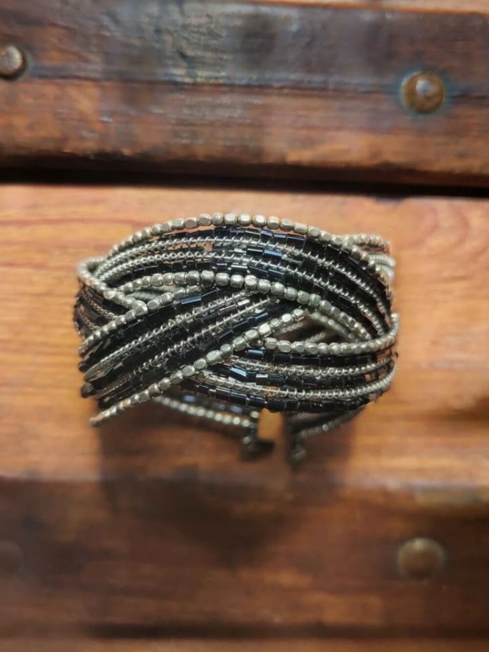 Vintage Native American Black And Silver-Tone Braided Beaded Bracelet